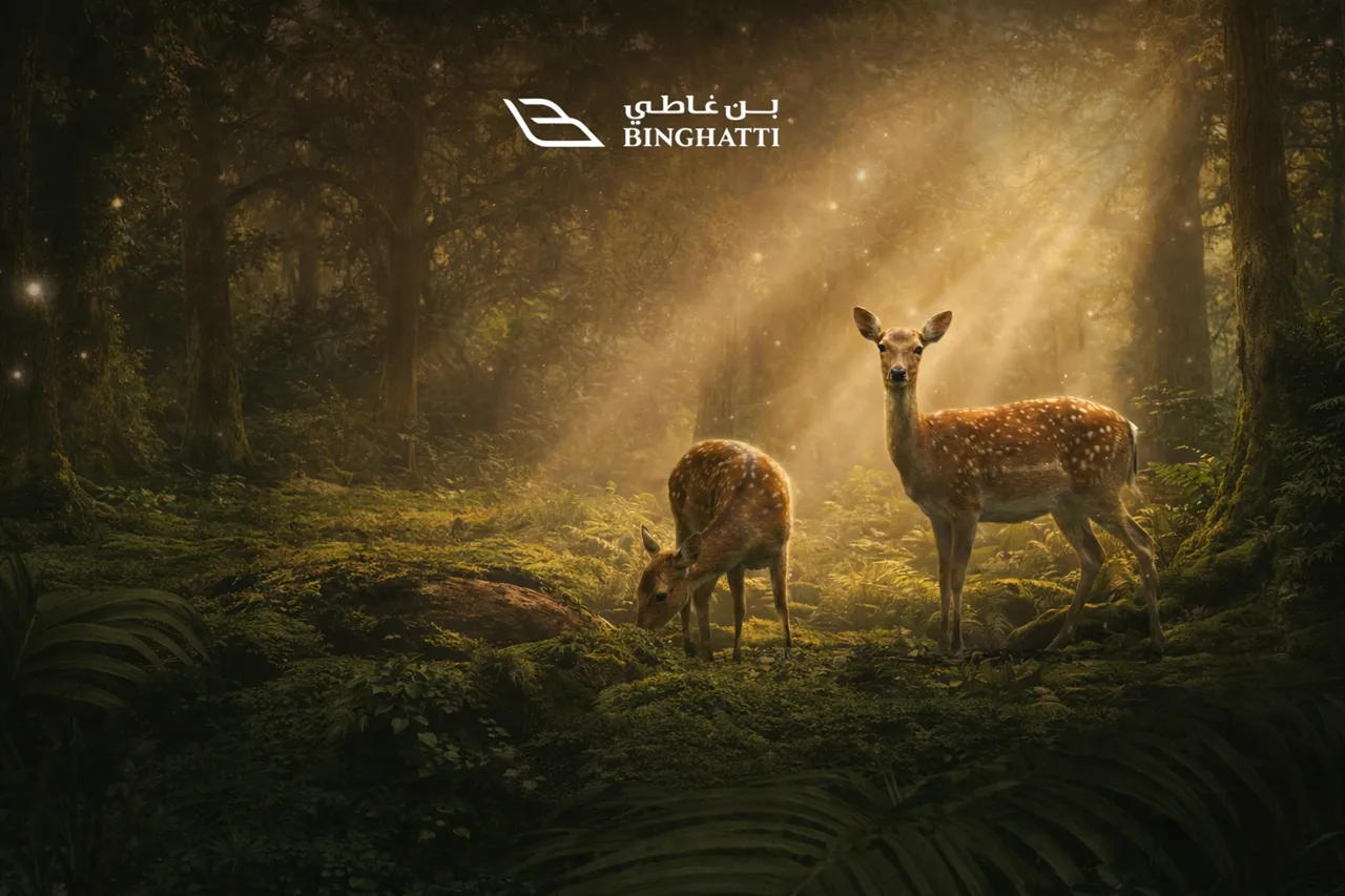 Nature concept visual for Tilal Binghatti showing deer in a warm forest scene representing the character of Binghatti first villas and townhouses community Presented by Tohid Fetrat