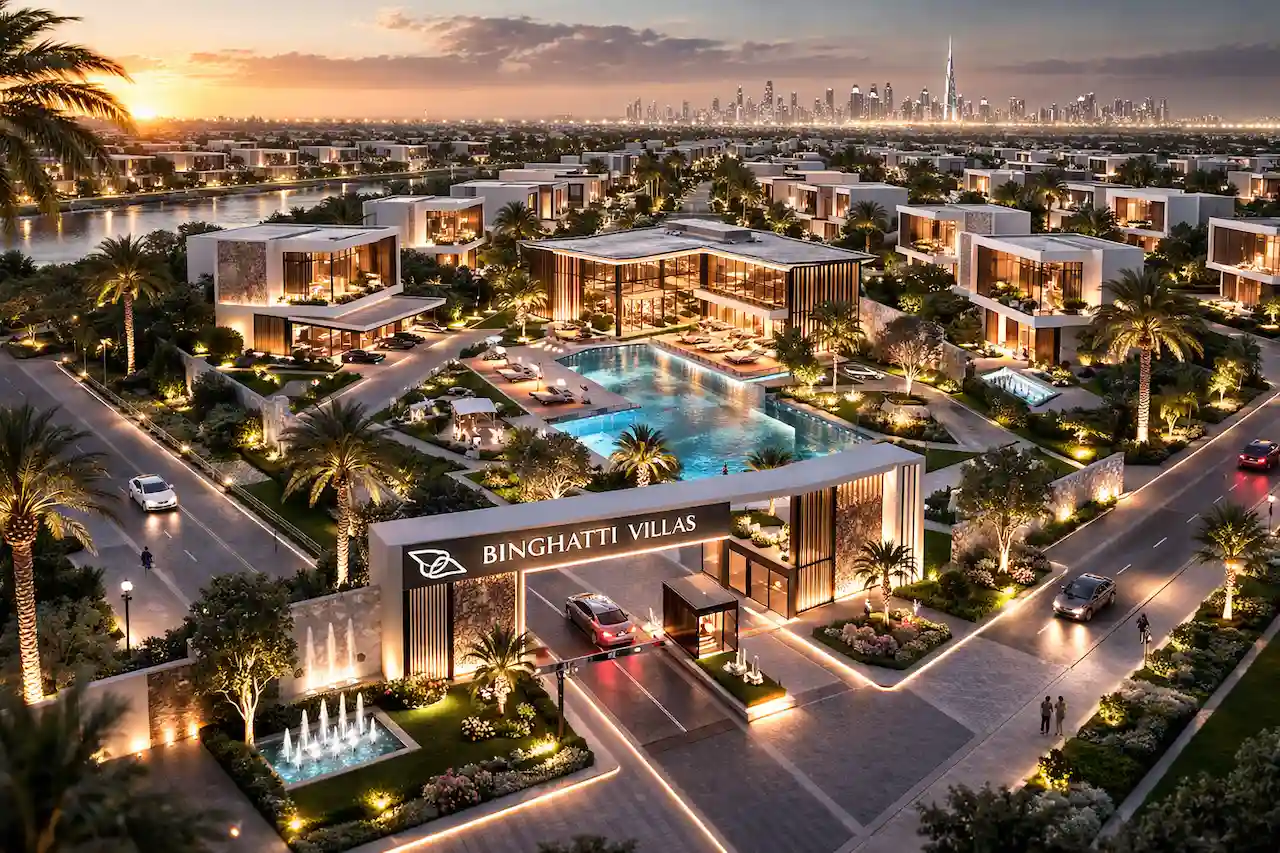 Tilal Binghatti Phase 1 villa community entrance with landscaped boulevard modern villas and central leisure pool Dubai Presented by Tohid Fetrat