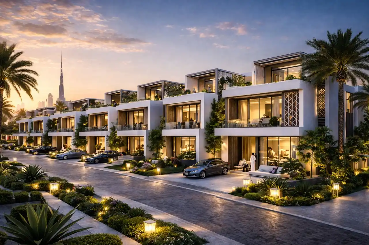 Modern townhouse row with landscaped streets and contemporary architecture at Tilal Binghatti Phase 1 Dubai Presented by Tohid Fetrat
