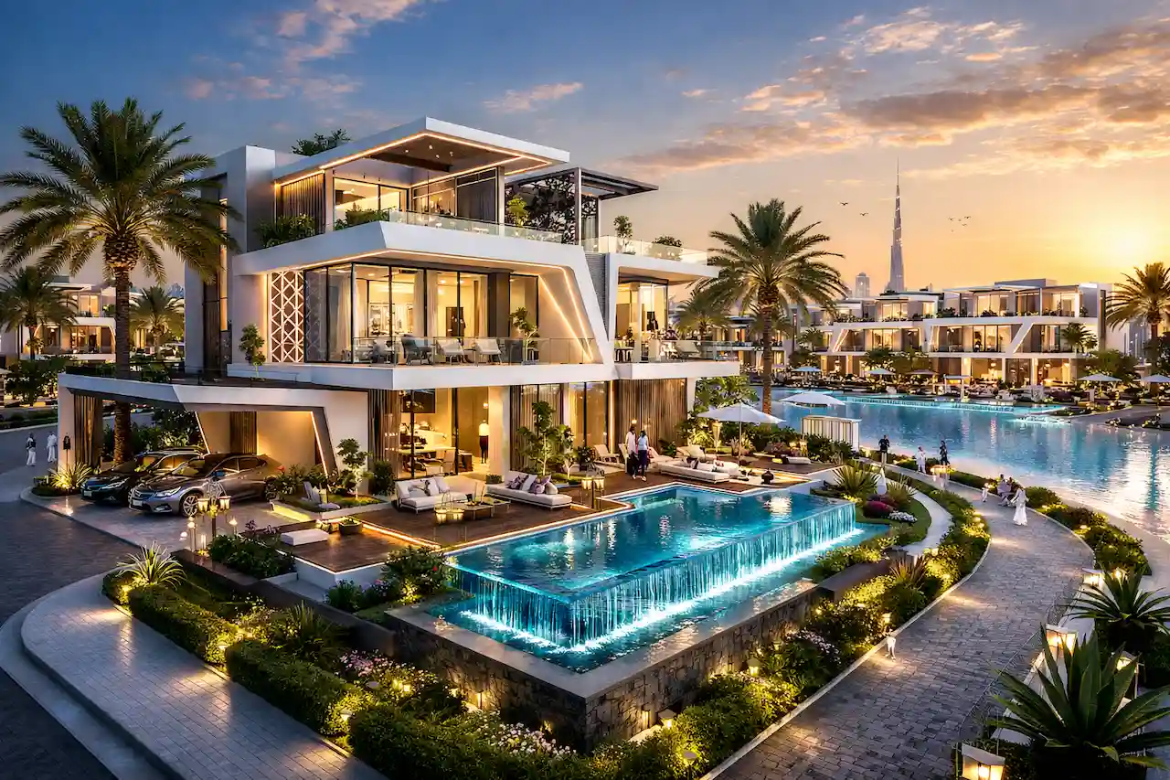 Luxury contemporary waterfront villa with infinity pool and landscaped outdoor living areas at Tilal Binghatti villas and townhouses community in Dubai Presented by Tohid Fetrat