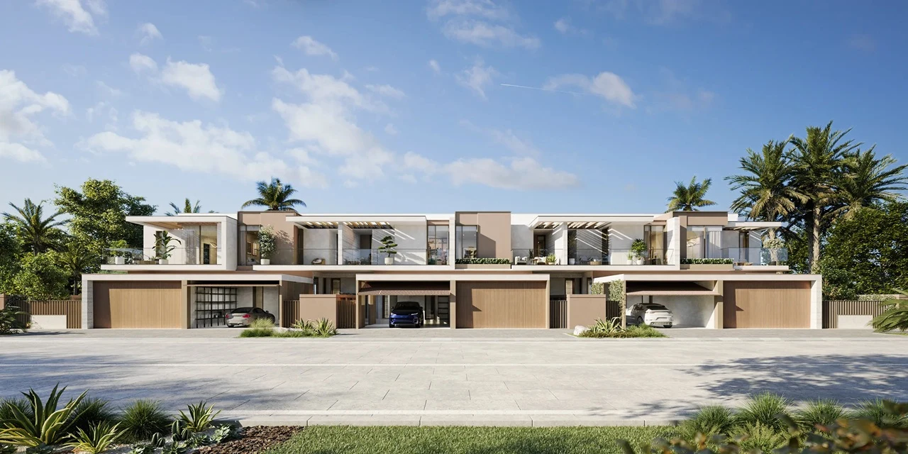 Townhouses Type A 6-plex street view modern facade community Island B Dubai Islands Presented by Tohid Fetrat