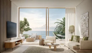 Bright living space opening to sea view terrace at Dubai Islands by Nakheel with contemporary coastal design Presented by Tohid Fetrat