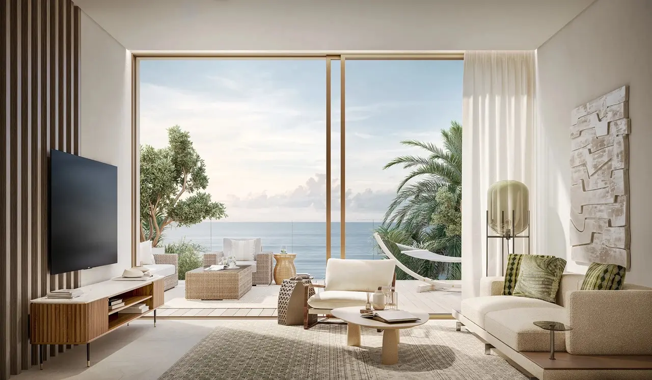 Bright living space opening to sea view terrace at Dubai Islands by Nakheel with contemporary coastal design Presented by Tohid Fetrat