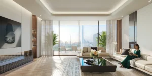 Vision Iconic living room day interior at Mercedes Benz Places Binghatti City Dubai with panoramic skyline view and luxury modern design Presented by Tohid Fetrat