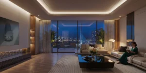 Vision Iconic living room night interior at Mercedes Benz Places Binghatti City Dubai with skyline view and luxury modern design Presented by Tohid Fetrat