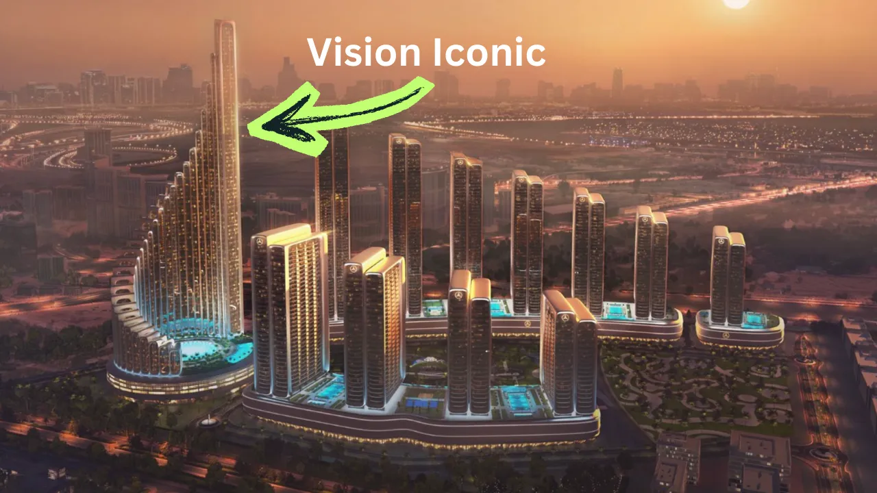 Vision Iconic tower location highlighted within Mercedes Benz Places Binghatti City master community Dubai Presented by Tohid Fetrat