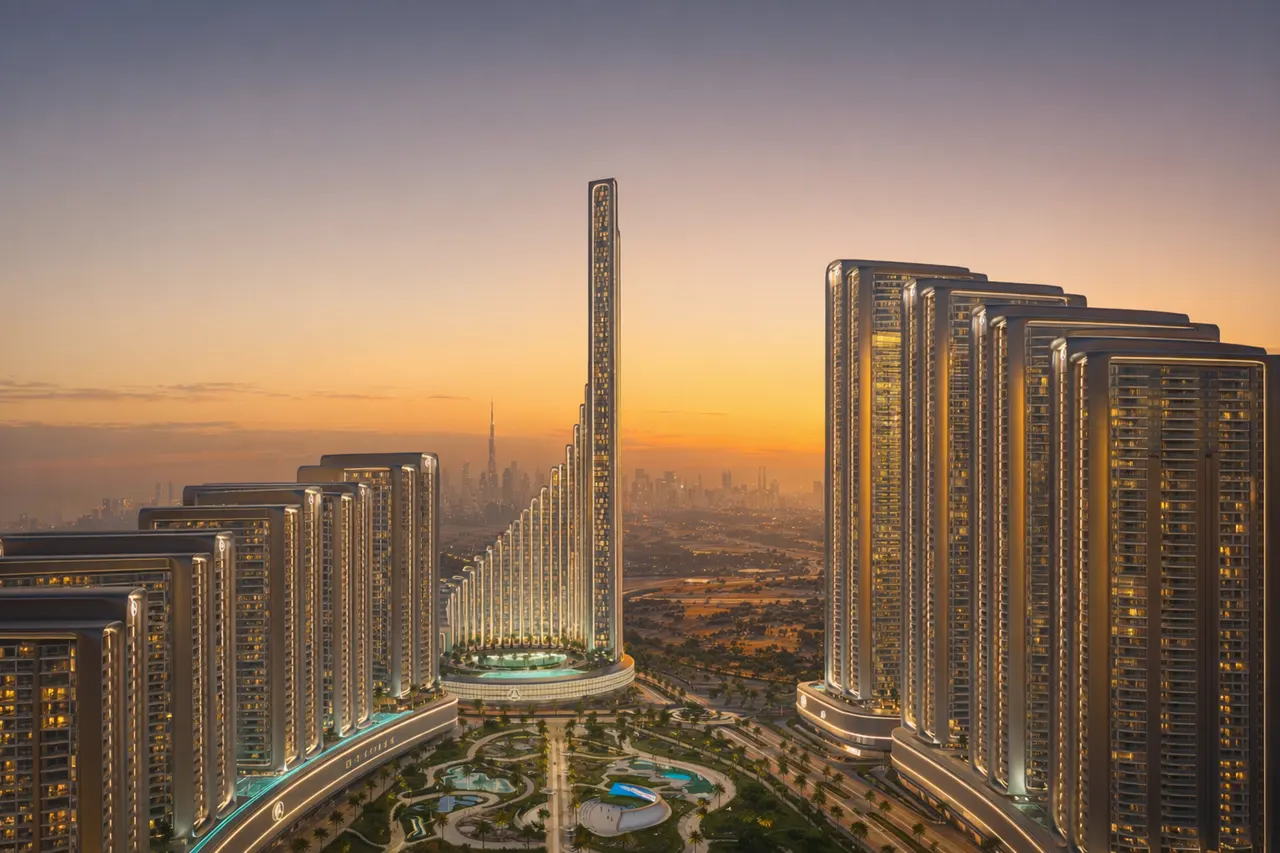 Vision Iconic landmark tower and surrounding residential towers masterplan skyline view at sunset Dubai Presented by Tohid Fetrat