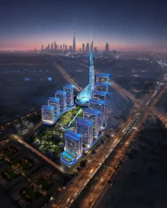 Aerial masterplan view of Vision Iconic at Mercedes Benz Places Binghatti City showing illuminated towers landscaped podium and surrounding Dubai skyline at dusk Presented by Tohid Fetrat
