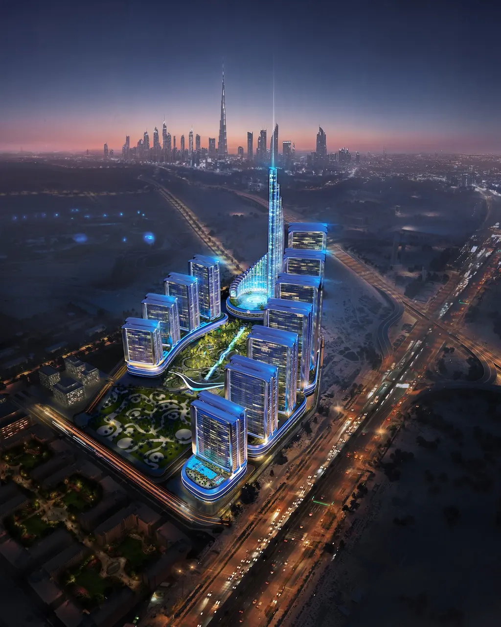 Aerial masterplan view of Vision Iconic at Mercedes Benz Places Binghatti City showing illuminated towers landscaped podium and surrounding Dubai skyline at dusk Presented by Tohid Fetrat