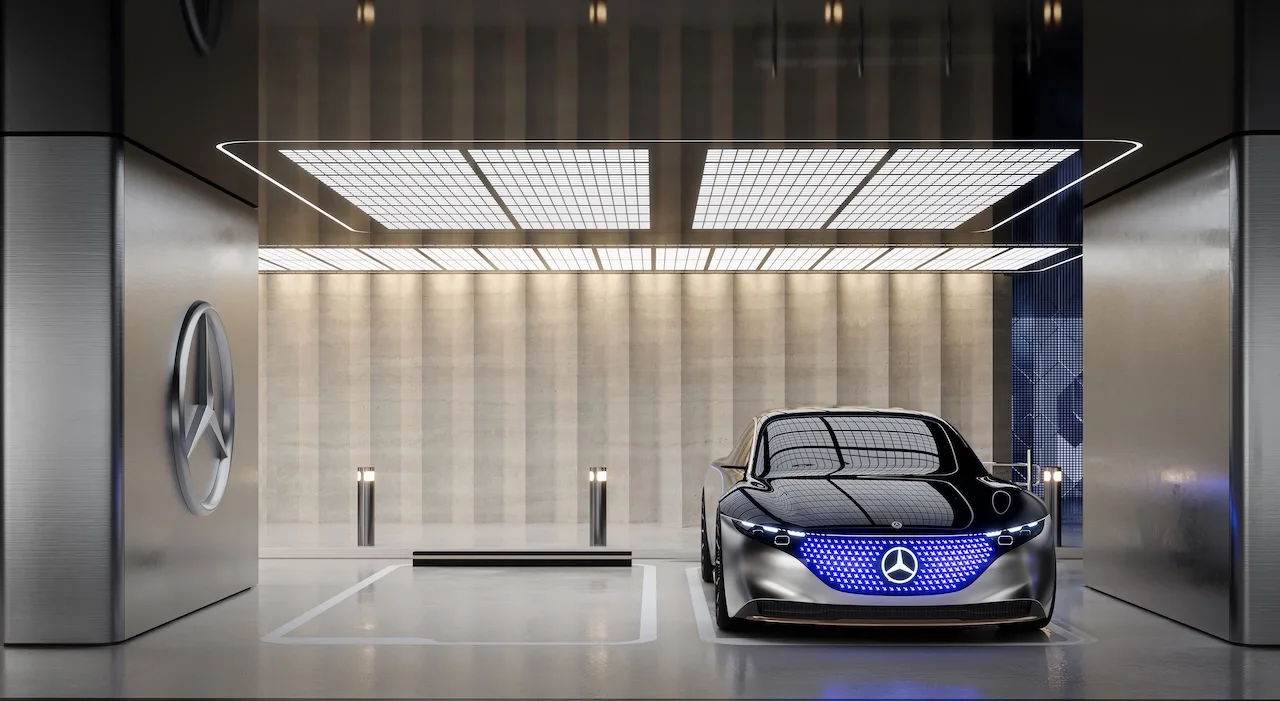 Branded parking lounge at Vision Iconic Mercedes Benz Places Binghatti City featuring luxury Mercedes Benz vehicle display modern lighting and premium architectural finishes in Dubai Presented by Tohid Fetrat