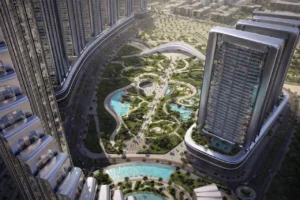 Aerial view of Vision Iconic at Mercedes Benz Places Binghatti City featuring landscaped community park water features and futuristic residential towers in Dubai Presented by Tohid Fetrat