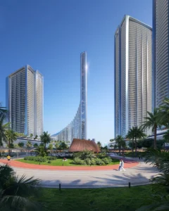 Vision Iconic at Mercedes Benz Places Binghatti City featuring landscaped community plaza palm lined walkways and modern residential towers in Dubai Presented by Tohid Fetrat