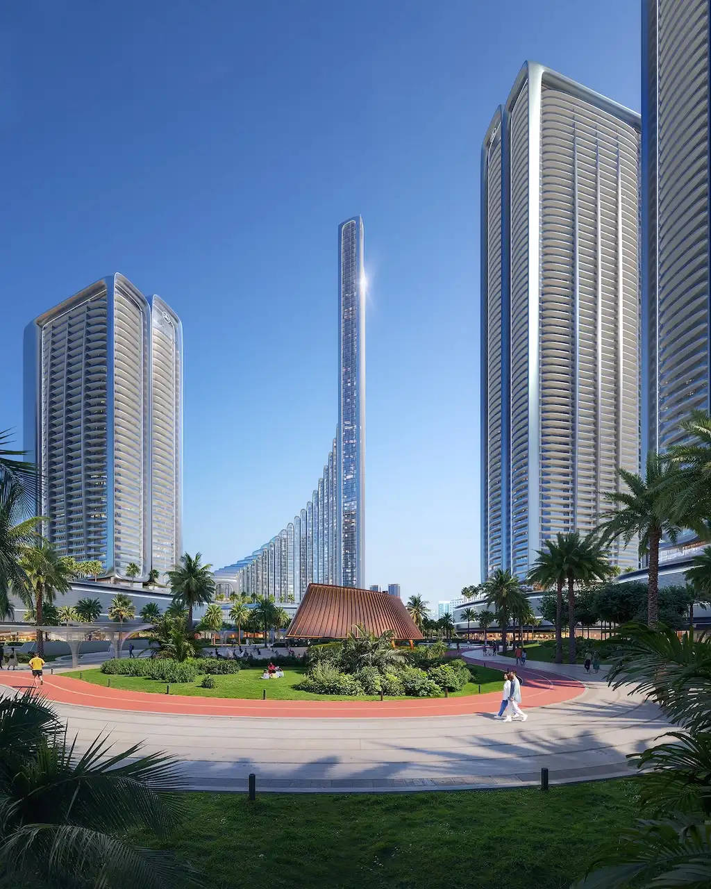 Vision Iconic at Mercedes Benz Places Binghatti City featuring landscaped community plaza palm lined walkways and modern residential towers in Dubai Presented by Tohid Fetrat