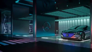 Luxury futuristic branded parking garage at Vision Iconic Mercedes Benz Places Binghatti City featuring Mercedes Benz concept vehicle and illuminated architectural design in Dubai Presented by Tohid Fetrat