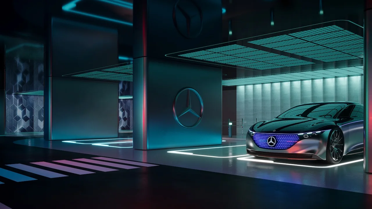 Luxury futuristic branded parking garage at Vision Iconic Mercedes Benz Places Binghatti City featuring Mercedes Benz concept vehicle and illuminated architectural design in Dubai Presented by Tohid Fetrat