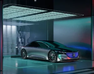 Futuristic luxury parking experience at Vision Iconic Mercedes Benz Places Binghatti City featuring Mercedes Benz concept vehicle and advanced ambient lighting design in Dubai Presented by Tohid Fetrat