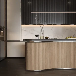 Kitchen island detail at Vision Iconic Mercedes Benz Places Binghatti City featuring curved wood finish marble backsplash and minimalist lighting design in Dubai Presented by Tohid Fetrat