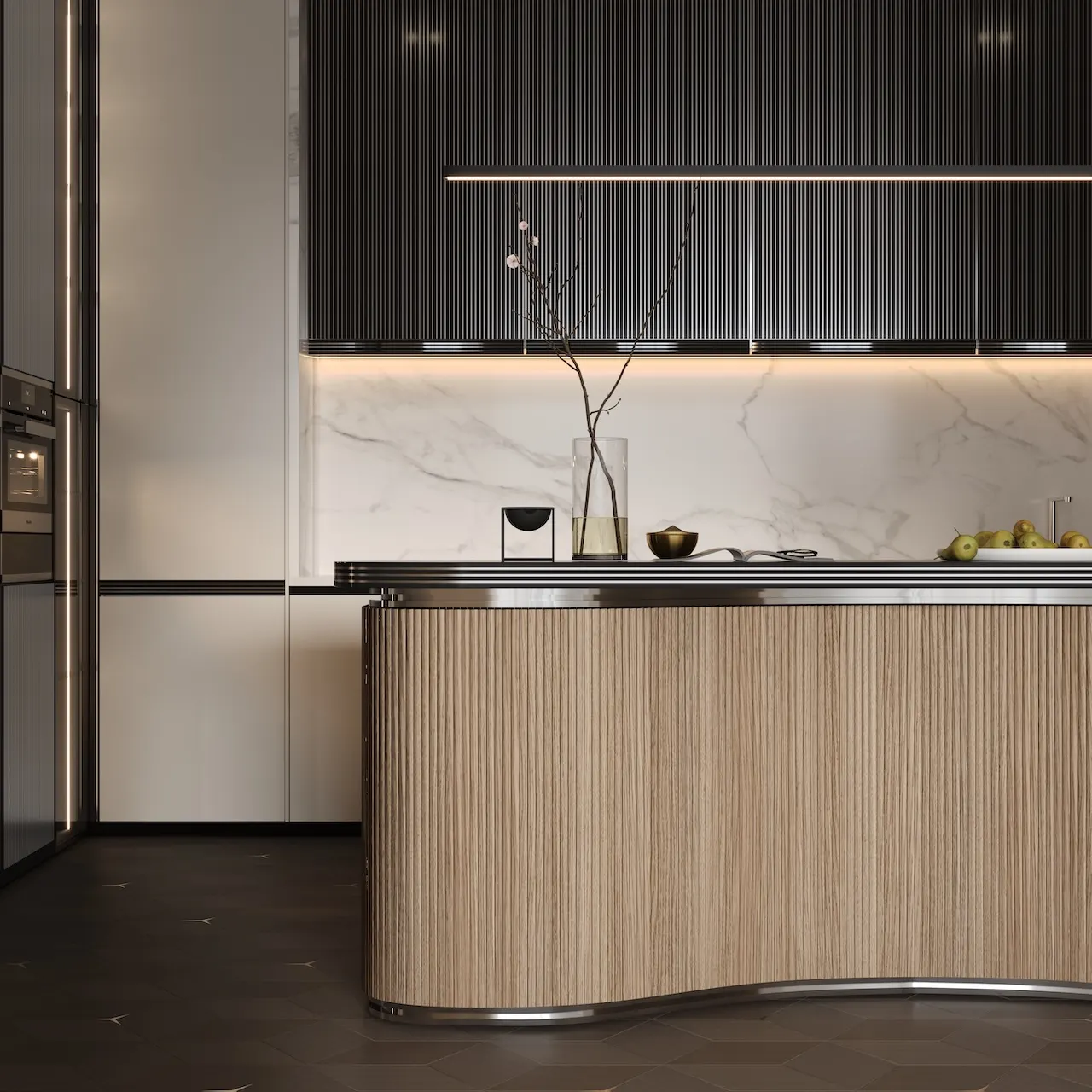 Kitchen island detail at Vision Iconic Mercedes Benz Places Binghatti City featuring curved wood finish marble backsplash and minimalist lighting design in Dubai Presented by Tohid Fetrat