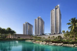 Vision Iconic at Mercedes Benz Places Binghatti City featuring waterfront lagoon landscaped park and modern residential towers under clear daylight in Dubai Presented by Tohid Fetrat