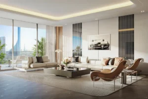 Vision Iconic living room interior at Mercedes Benz Places Binghatti City Dubai luxury branded residence with skyline view Presented by Tohid Fetrat