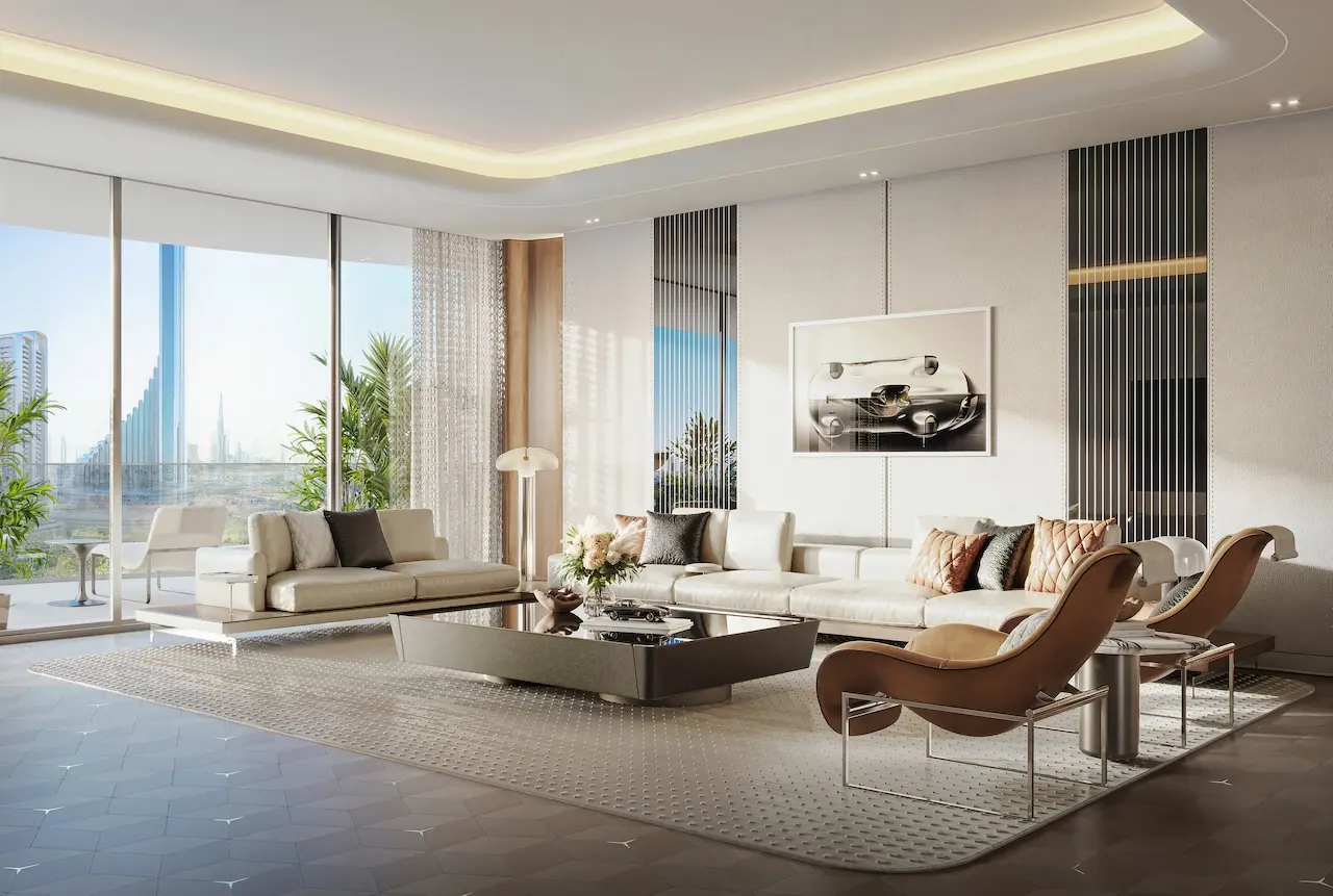 Vision Iconic living room interior at Mercedes Benz Places Binghatti City Dubai luxury branded residence with skyline view Presented by Tohid Fetrat