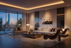Vision Iconic living room night interior at Mercedes Benz Places Binghatti City Dubai luxury branded residence with skyline view Presented by Tohid Fetrat