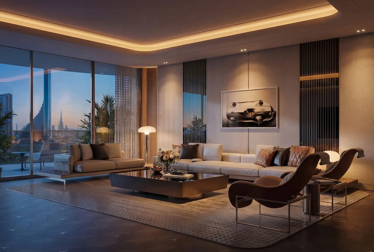 Vision Iconic living room night interior at Mercedes Benz Places Binghatti City Dubai luxury branded residence with skyline view Presented by Tohid Fetrat