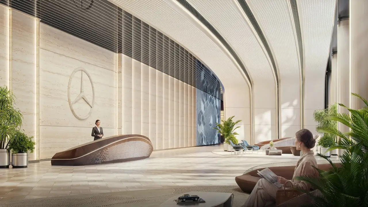 Luxury lobby interior at Vision Iconic Mercedes Benz Places Binghatti City featuring curved architectural ceiling reception desk and elegant seating lounge in Dubai Presented by Tohid Fetrat