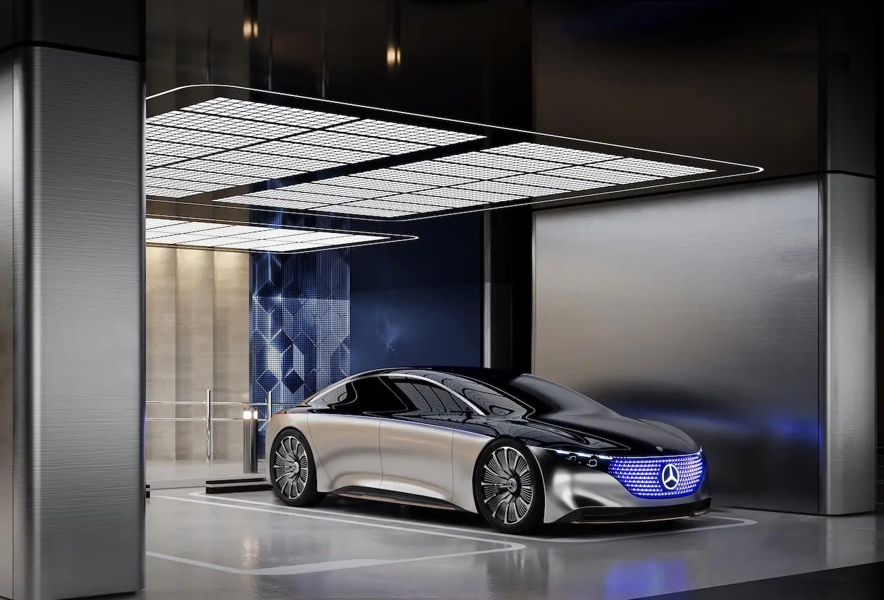 Luxury branded parking area at Vision Iconic Mercedes Benz Places Binghatti City featuring Mercedes Benz vehicle modern ceiling lighting and premium architectural finishes in Dubai Presented by Tohid Fetrat