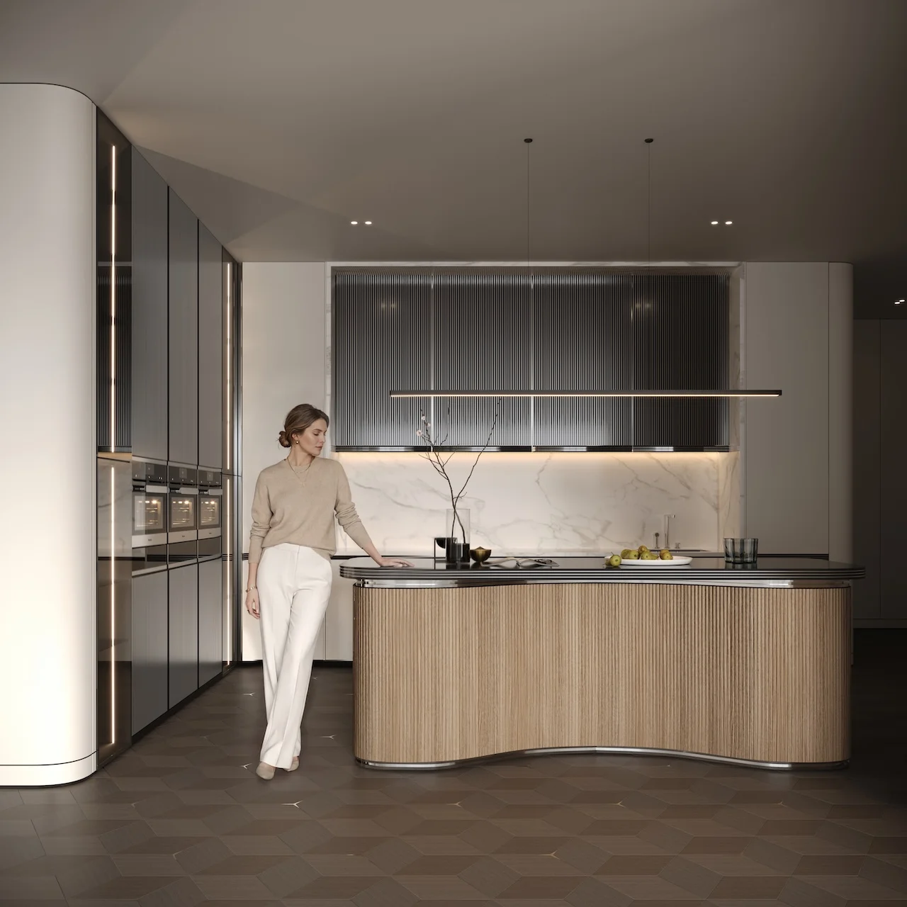 Luxury kitchen interior at Vision Iconic Mercedes Benz Places Binghatti City featuring curved island premium cabinetry marble backsplash and architectural lighting in Dubai Presented by Tohid Fetrat