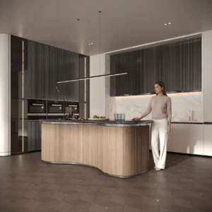 Modern kitchen interior at Vision Iconic Mercedes Benz Places Binghatti City featuring sculptural island marble finishes and integrated appliances in Dubai Presented by Tohid Fetrat
