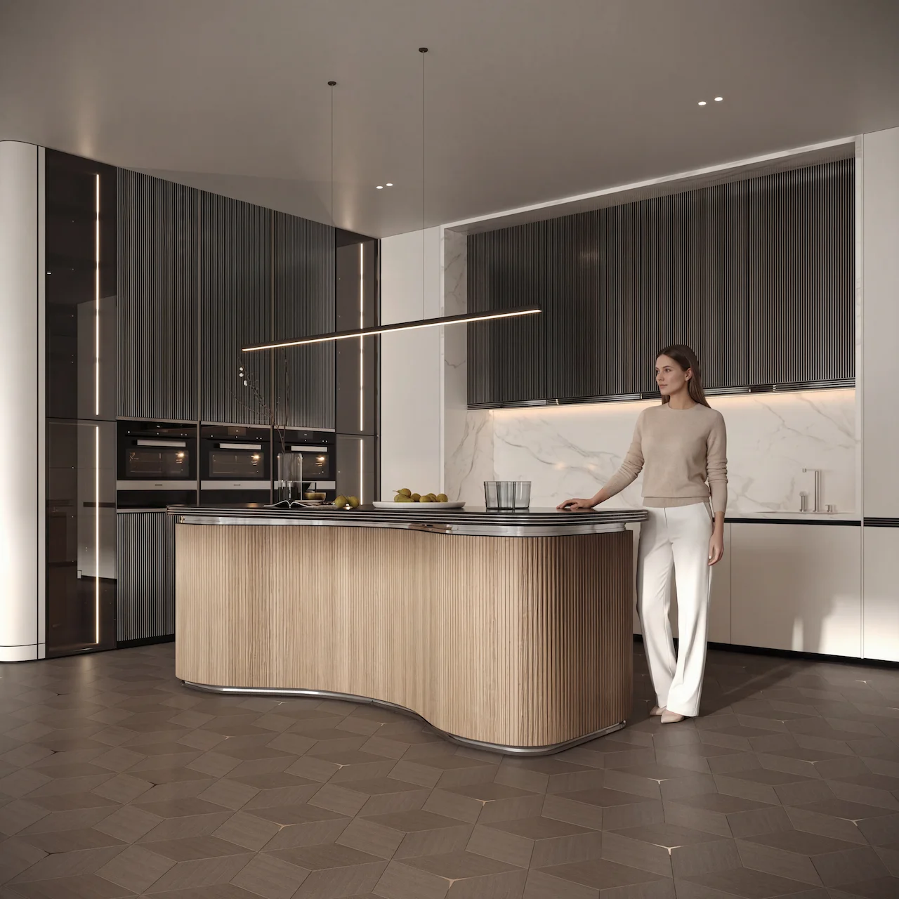 Modern kitchen interior at Vision Iconic Mercedes Benz Places Binghatti City featuring sculptural island marble finishes and integrated appliances in Dubai Presented by Tohid Fetrat