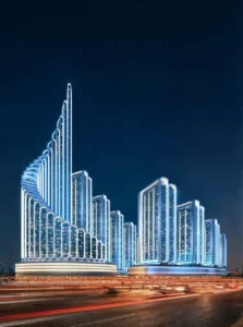 Vision Iconic at Mercedes Benz Places Binghatti City illuminated tower architecture at night with futuristic skyline design and dynamic street view in Dubai Presented by Tohid Fetrat