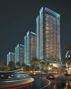 Night street level view of Vision Iconic at Mercedes Benz Places Binghatti City featuring illuminated residential towers palm lined boulevard and modern architectural facade in Dubai Presented by Tohid Fetrat