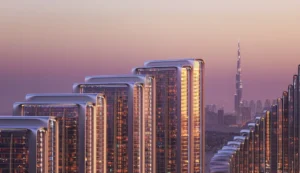 Vision Iconic at Mercedes Benz Places Binghatti City tower facade detail with illuminated balconies and Dubai skyline view at sunset Presented by Tohid Fetrat