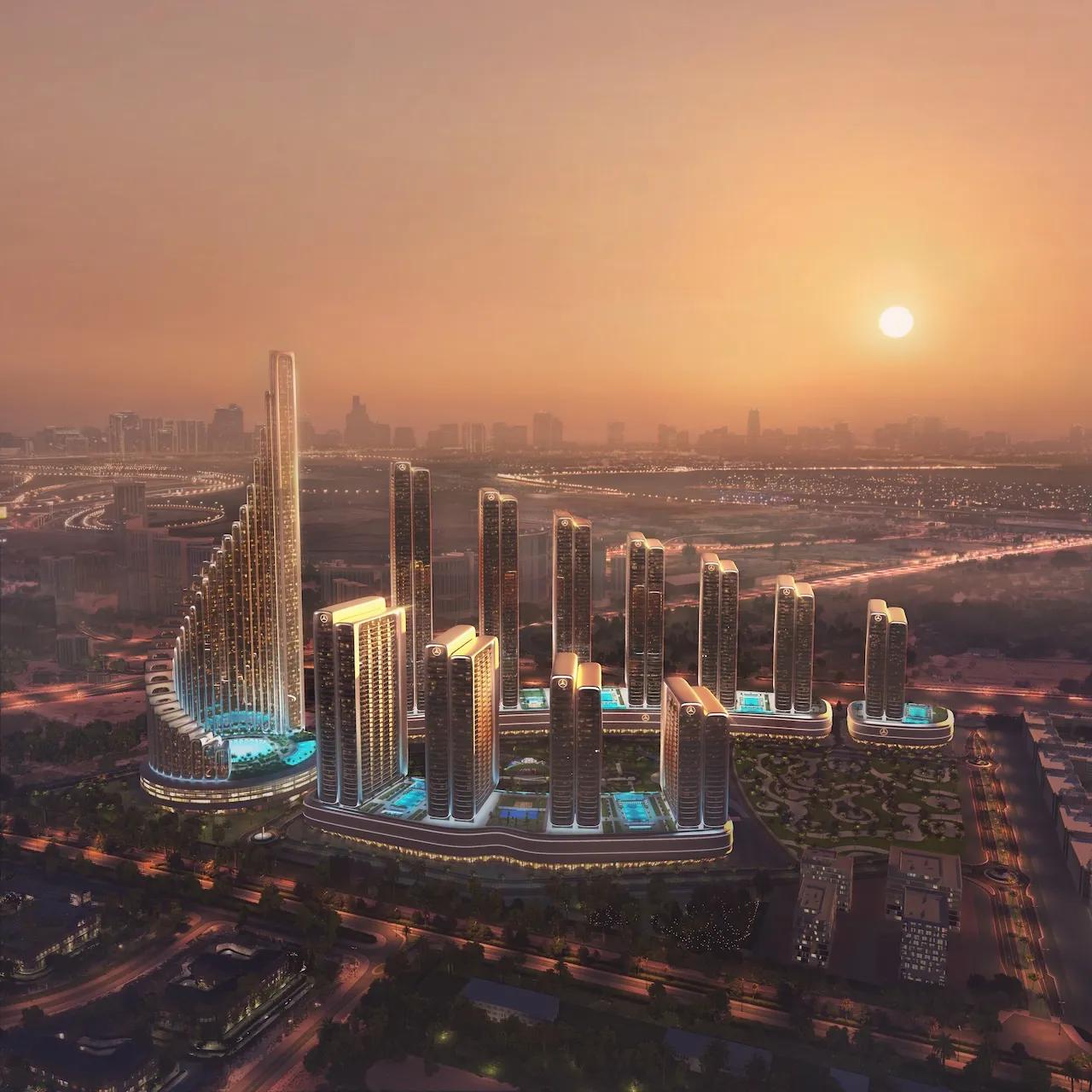 Sunset masterplan view of Vision Iconic at Mercedes Benz Places Binghatti City showing illuminated towers curved architectural layout and Dubai skyline horizon Presented by Tohid Fetrat