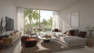 Waterfront Villas Type A family room interior with balcony view Island B Dubai Islands Presented by Tohid Fetrat