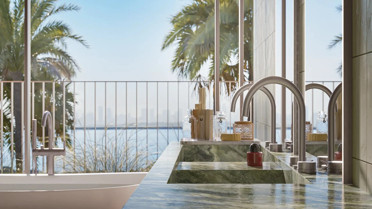 Waterfront Villas Type A primary bathroom closeup marble vanity sea view Island B Dubai Islands Presented by Tohid Fetrat