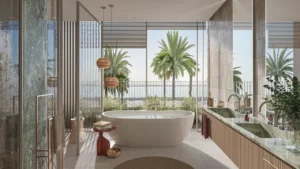 Waterfront Villas Type A primary bathroom with freestanding bathtub sea view Island B Dubai Islands Presented by Tohid Fetrat