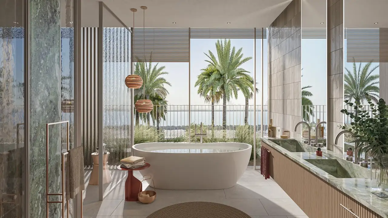 Waterfront Villas Type A primary bathroom with freestanding bathtub sea view Island B Dubai Islands Presented by Tohid Fetrat