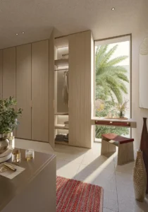 Waterfront Villas Type A primary wardrobe closeup with built-in storage and vanity Island B Dubai Islands Presented by Tohid Fetrat