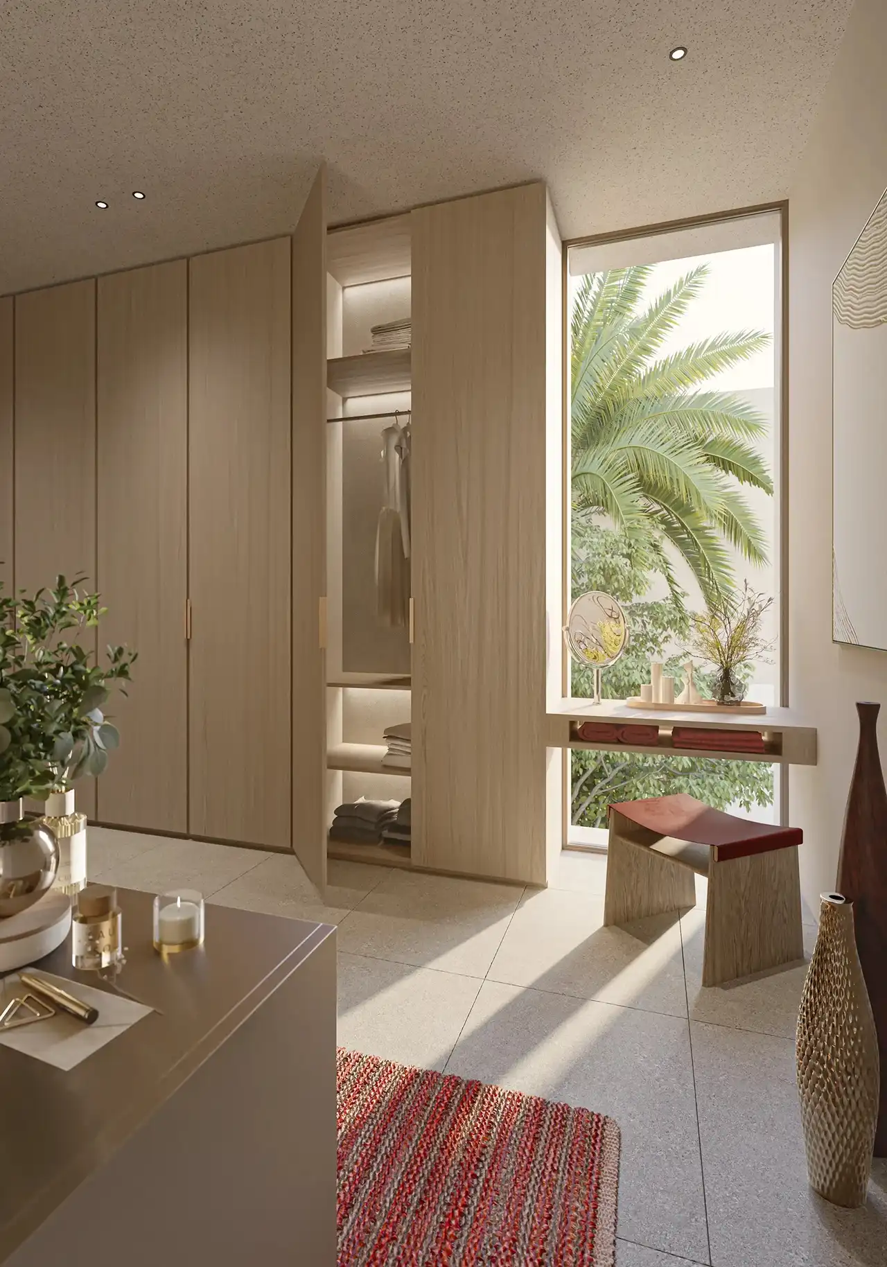 Waterfront Villas Type A primary wardrobe closeup with built-in storage and vanity Island B Dubai Islands Presented by Tohid Fetrat