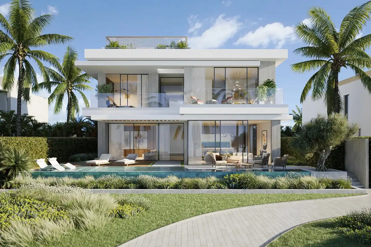 Waterfront Villas Type B exterior with private pool modern architecture Island B Dubai Islands Presented by Tohid Fetrat