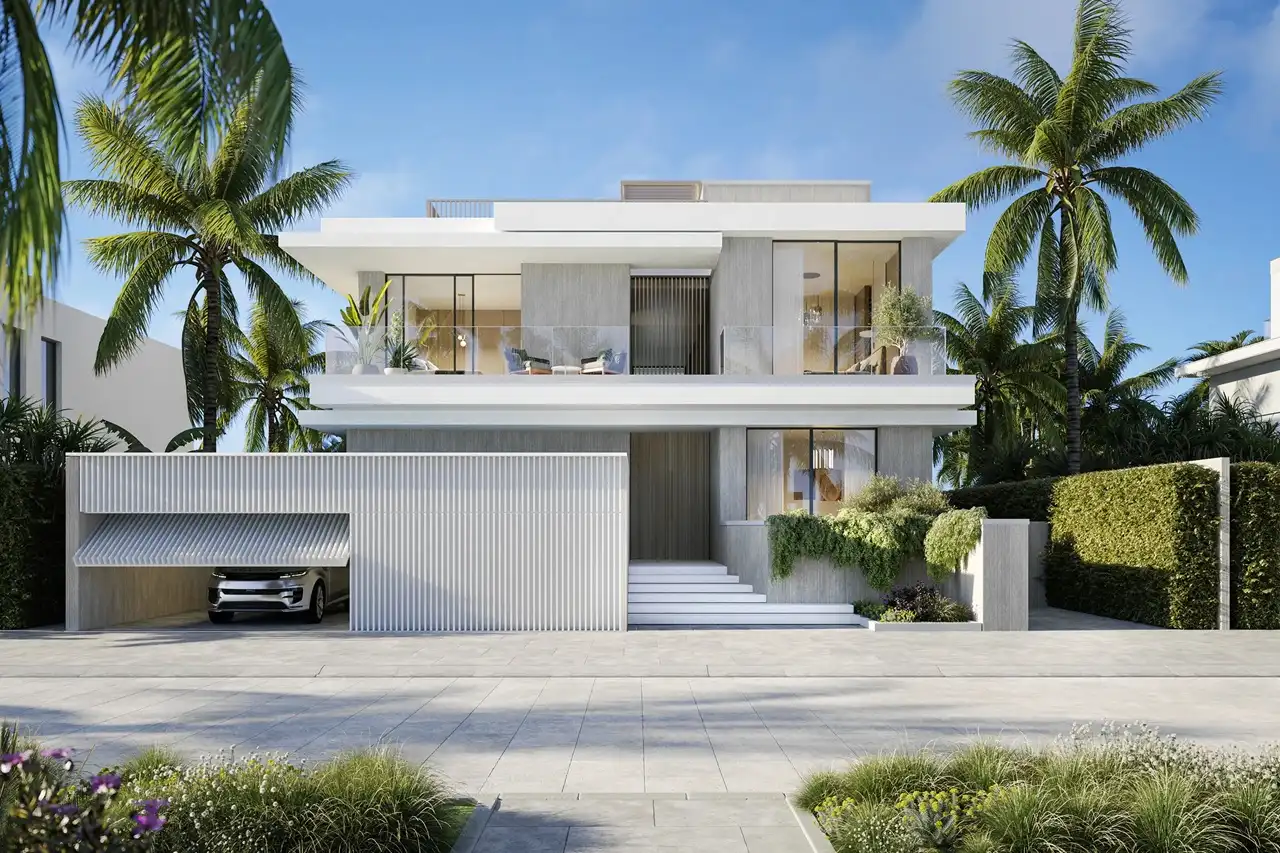 Waterfront Villas Type B front exterior modern architecture private garage Island B Dubai Islands Presented by Tohid Fetrat