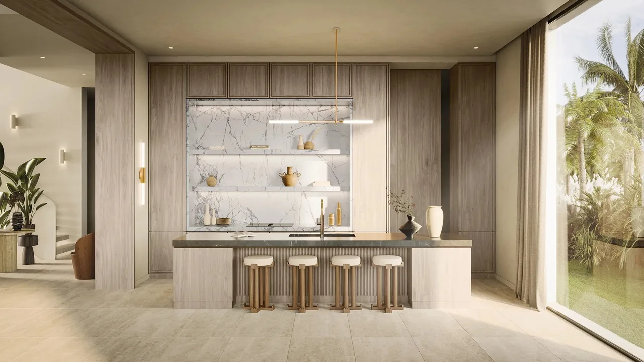 Waterfront Villas Type B kitchen option 1 modern open layout marble backsplash island seating Island B Dubai Islands Presented by Tohid Fetrat