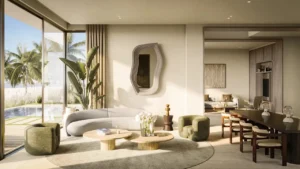Waterfront Villas Type B living option 1 interior open lounge modern design pool view Island B Dubai Islands Presented by Tohid Fetrat