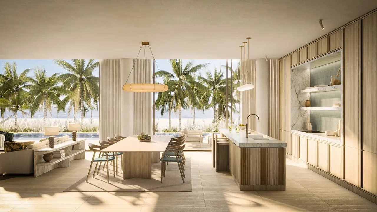 Waterfront Villas Type B living option 1 open lounge interior modern design pool view Island B Dubai Islands Presented by Tohid Fetrat