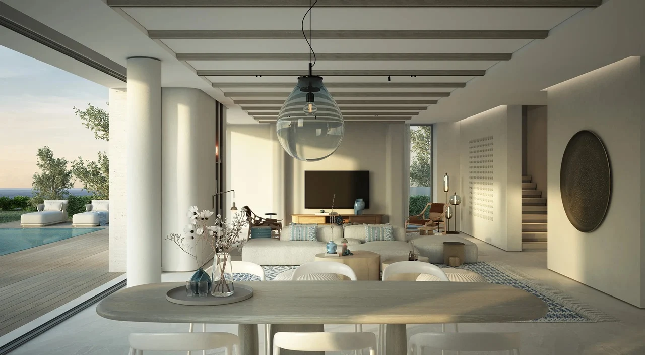 Waterfront Villas Type C dining and living open plan interior with pool view Island B Dubai Islands Presented by Tohid Fetrat