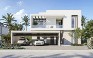 Waterfront Villas Type C front exterior facade with carport Island B Dubai Islands Presented by Tohid Fetrat