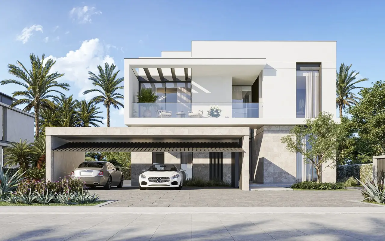 Waterfront Villas Type C front exterior facade with carport Island B Dubai Islands Presented by Tohid Fetrat